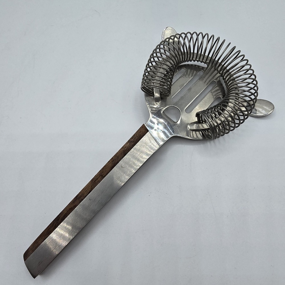Vintage MCM Cocktail Strainer Stainless Steel & Wood‎ Handle Bar Accessory